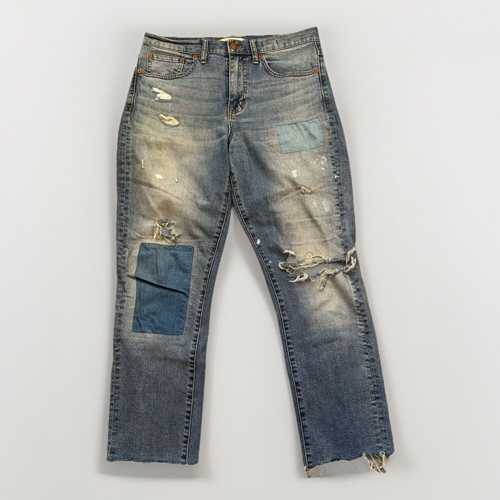 Madewell Jeans Womens 26  Blue Cruiser Straight Patchwork Distressed Stretch